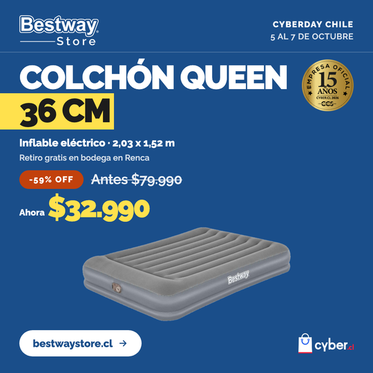 Colchón Inflable Eléctrico Queen 2.03MX1.52MX36cm Bestway