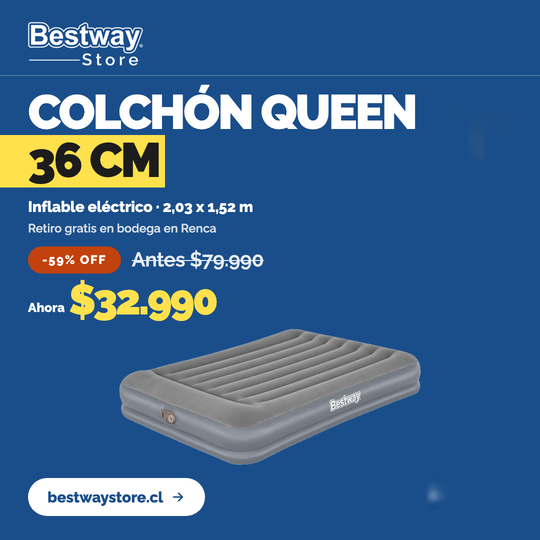Colchón Inflable Eléctrico Queen 2.03MX1.52MX36cm Bestway
