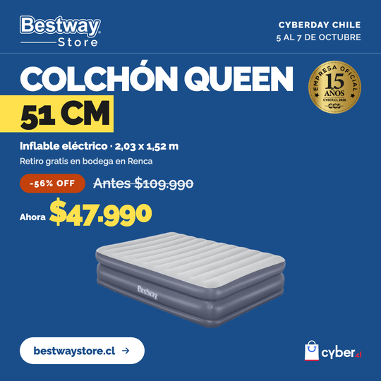 Colchón Inflable Eléctrico Queen 2.03MX1.52MX51cm Bestway